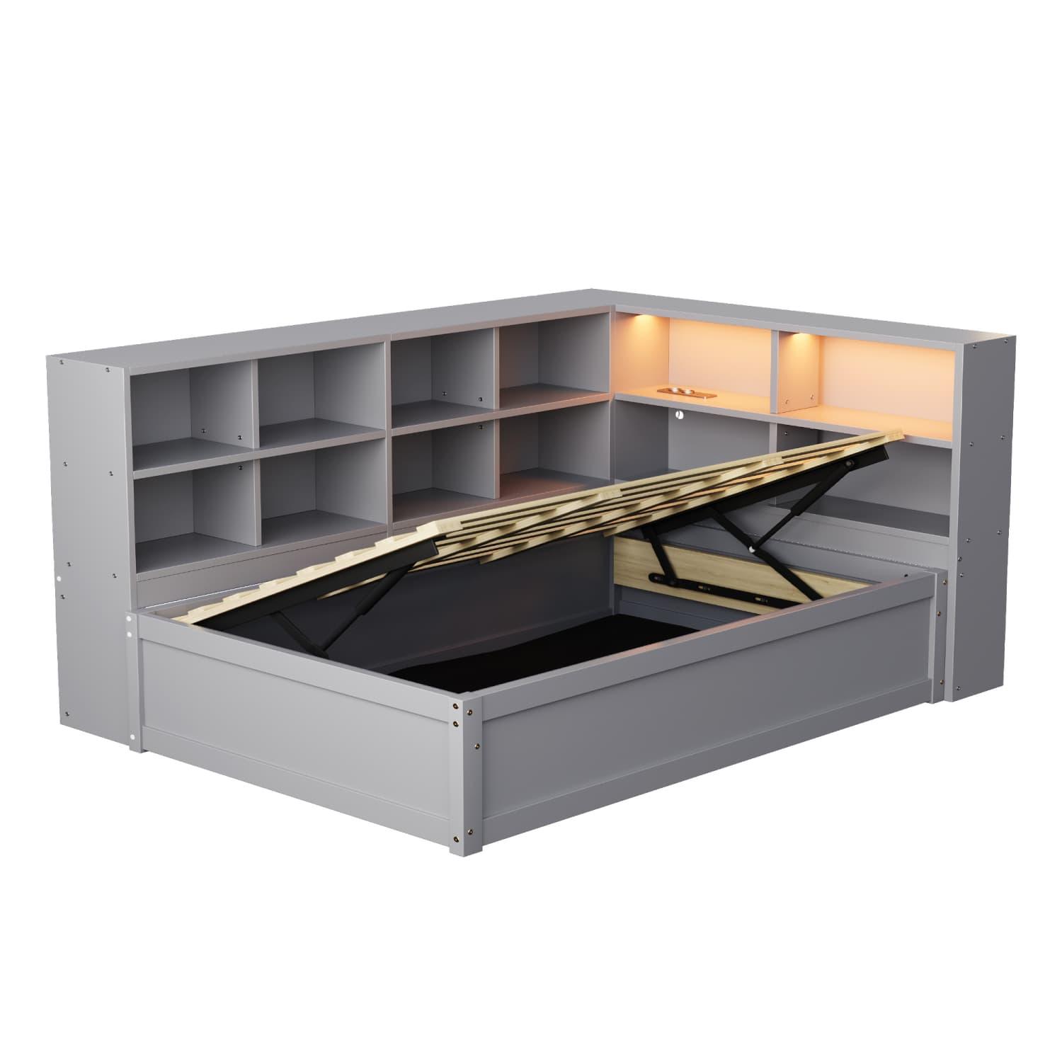 Schlafsofa,mit Mehrfachsteckdose und mehreren Staufächern,mit Lichtleiste,hydraulisches Bett,Massivholzbett,Einzelbett,multifunktionales Holzbett