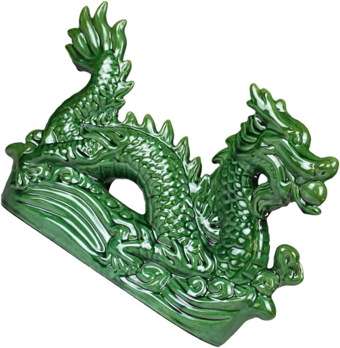 Groen Keramisch Draken Beeldje voor Tafeldecoratie - Hoogte: 19 cm