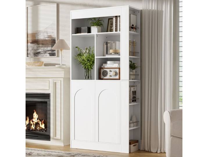 Armoire de Rangement Haute Meuble de Rangement Moderne avec étagère Ouverte 2 Portes et Compartiments de Rangement Latéraux