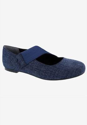 Wide Width Women's Danish Flat by Ros Hommerson in Blue Denim Fabric (Size 7 W)