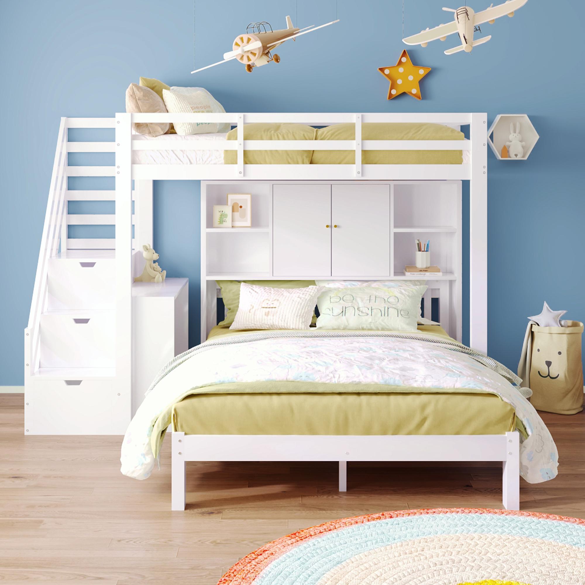 Sweiko Etagenbett mit Lagerregal, 90x200cm+140x200cm,Multifunktionales Kinderbett, Kinderetagenbett, Mit Aufbewahrungstreppe und Beweglicher Beistelltisch, Großer Stauraum,Weiß