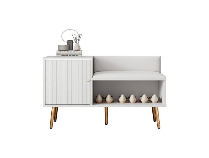 Flieks Schuhbank Weiß Stauraum Rückenlehne Modern, 100x58x38 cm, Garderobe, Garderobenbänke, Schuhbänke