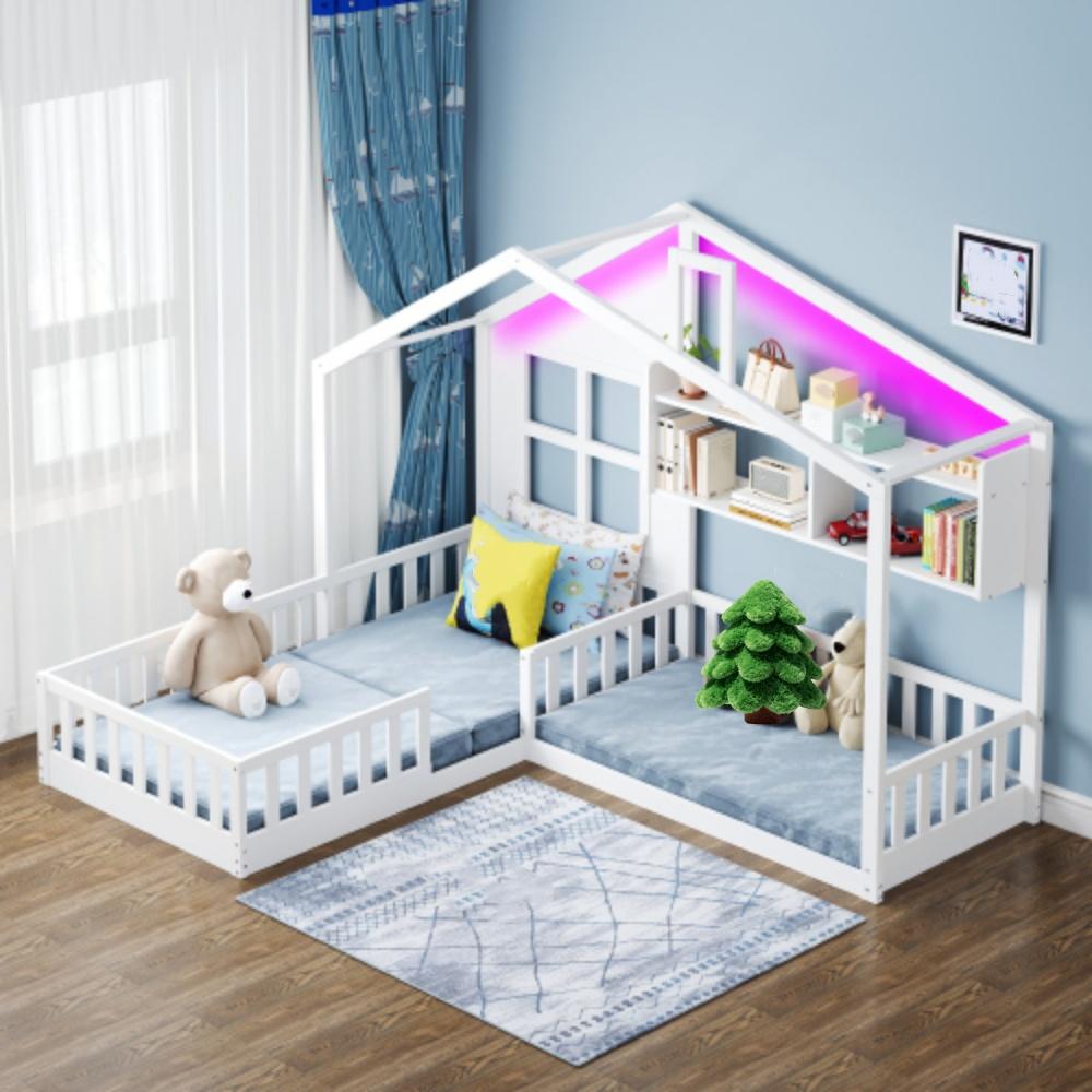 Kinderbett 90x200 cm (140x70 cm) Mit Fenster Regalen, Bett LED-Lichtband