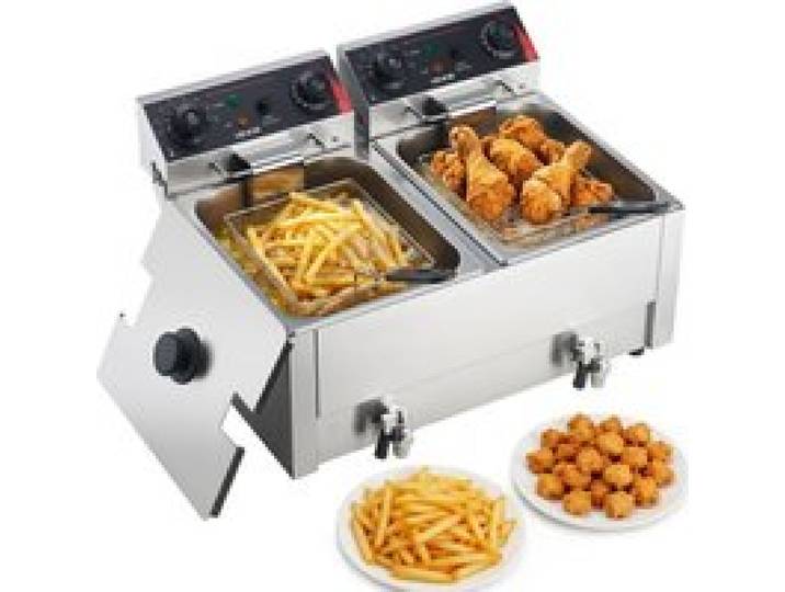 VEVOR Gewerbliche Elektrische 2-Becken-Fritteuse 14 L, 5000 W Edelstahl-Tischfritteuse mit Frittierkörben, Deckeln, Temperaturregelung, Timer und Überhitzungsschutz, für Restaurant, Imbiss, Küche