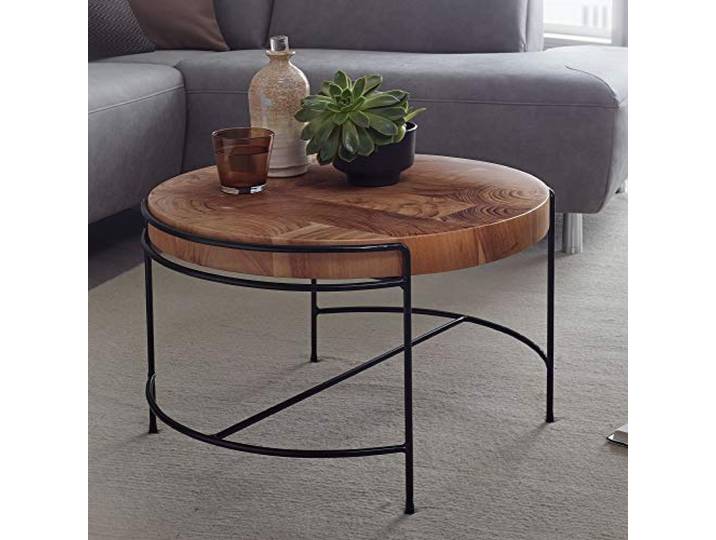 Wohnling Couchtisch Rund 62x62x40 cm Akazie Massivholz Metallbeine Wohnzimmertisch Industrial auffällig, Sofatisch massiv klein, handgefertigtes Unikat, Designer Tisch