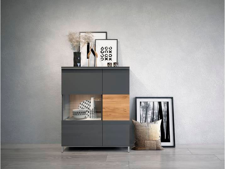 Vitrine OTTO HOME Onyx , grau (anthrazit, walnussfarben hochglanz), B:93,2cm H:116,3cm T:40cm, Holzwerkstoff, Schränke, Vitrine, mit Soft-Close-Funktion