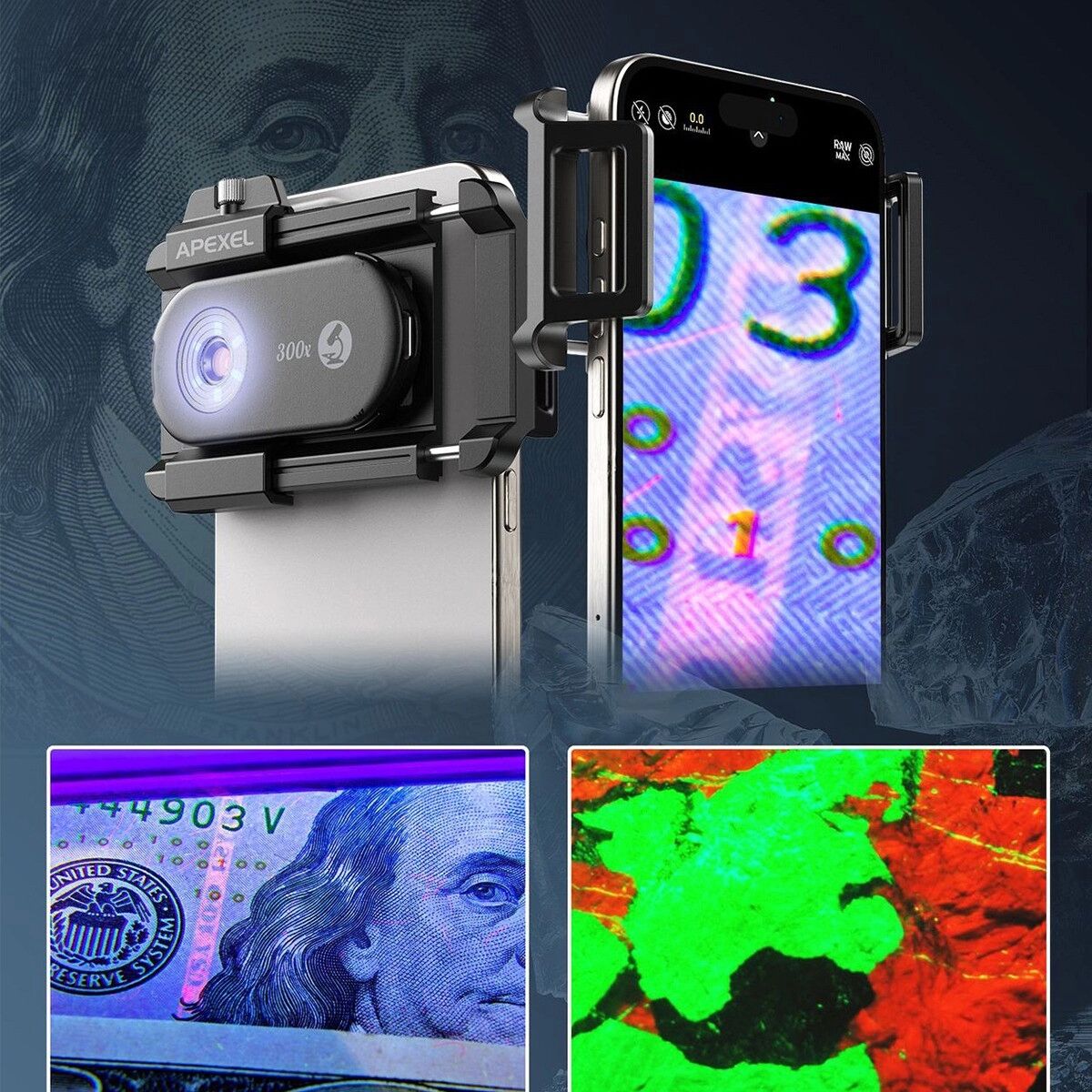 INF 4-in-1-Smartphone-Mikroskoplinsen-Set mit UV-LED, 19 Lichtmodi und CPL-Filter