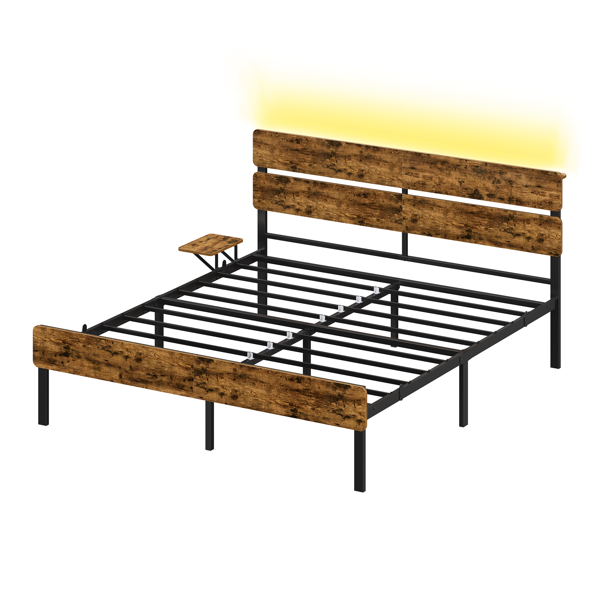 VASAGLE Bettgestell mit LED-Beleuchtung, USB-Anschlüssen und 500 kg Belastbarkeit, 214,2 x 167 x 100,2 cm, Vintagebraun RMBB35105K102
