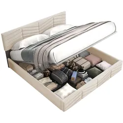 MODFU Polsterbett 140x190 cm mit höhenverstellbarem Kopfteil Lattenrost Samtmaterial robust Komfort Beige für stilvolles Schlafzimmer