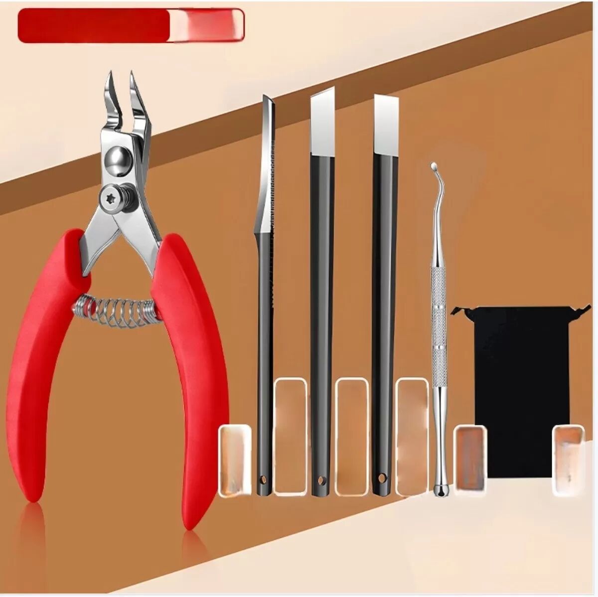 INF Nagelknipser-Set mit gebogener Klinge + kleinem Schaber 130 – kleiner Schrägaufsatz 130 – kleiner Flachaufsatz 130 für Rot