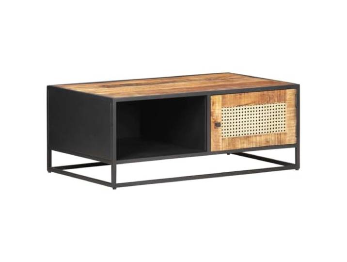 HEFZGDB Couchtisch aus massivem Mangoholz mit Wiener Geflecht 90x50x35 cm rustikaler Beistelltisch mit Eisenrahmen und Stauraum