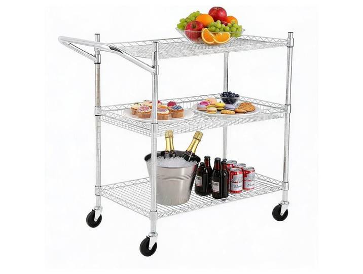 Chariot utilitaire de cuisine 3 étages en métal chromé avec roues étagères amovibles pour cuisine Argent