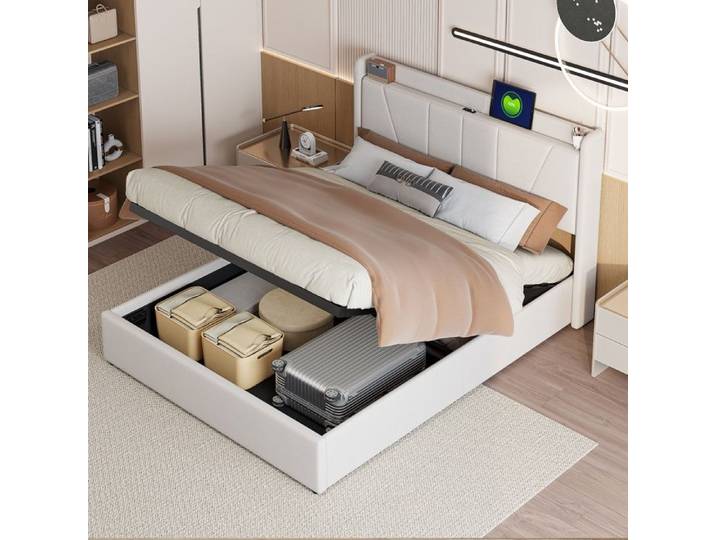 Lit 160x200 cm - lit adulte - lit double - 160x200 - USB - beige