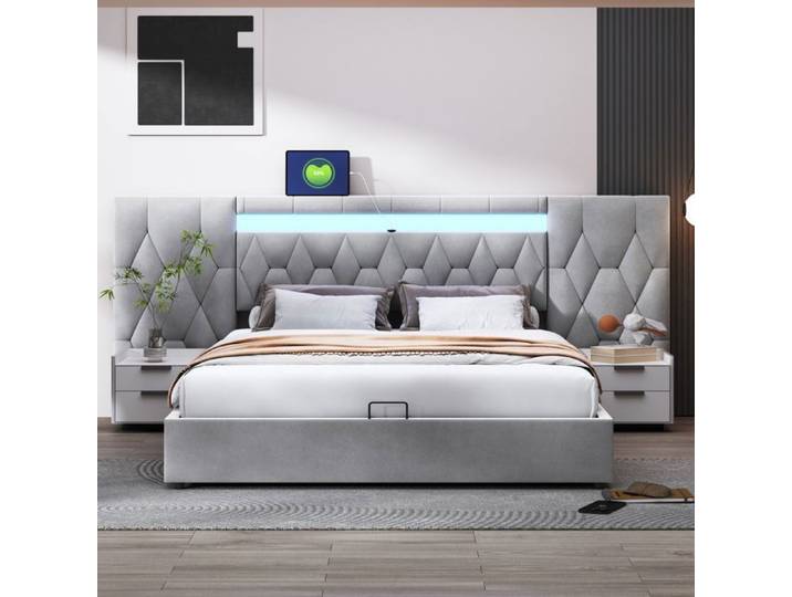 Lit rembourr double et coffre adult-LED et USB-gris velours 180x200 sans matelas-HAUSS SPOLE