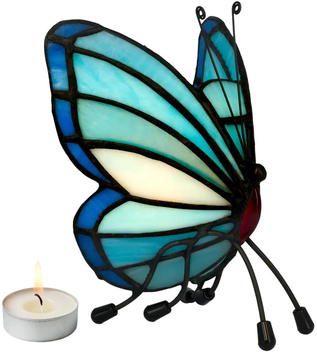 RORUVERA Tiffany vlinder waxinelichthouder - turquoise-blauw - Glas-in-lood - Hoogte: 14 cm