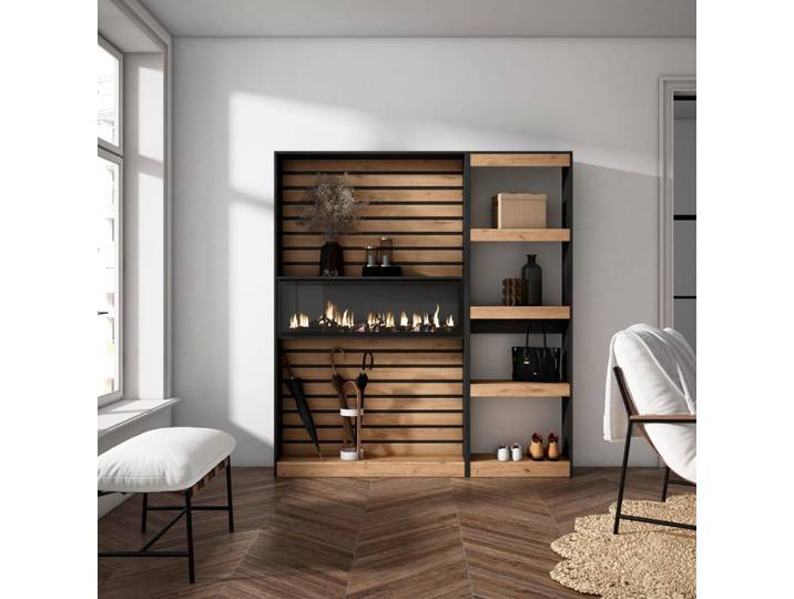 Bibliothèque effet bois de chêne 170x25x186cm cheminée effet feu xxl