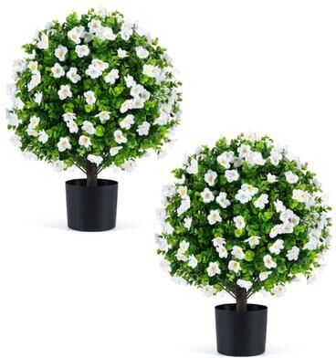 Costway 2 Pack Artificial Eucalyptus Topiary Trees with Flowers and Cement Planter for Home-White