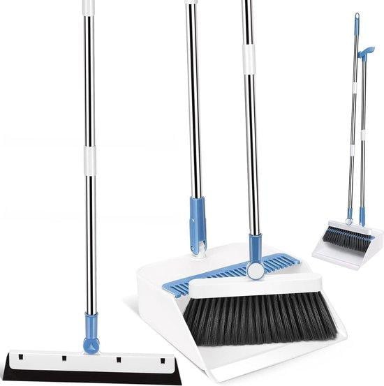 Famanu Reinigingsset met lange handgreep, borstel en schraper, Wit/Blauw