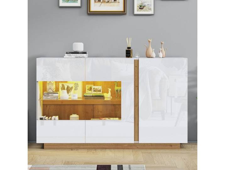 Buffet blanc brillant - avec LED sideboard imitation chêne clair à portes coulissantes vitrées armoire de couloir 138x38x90 5 cm