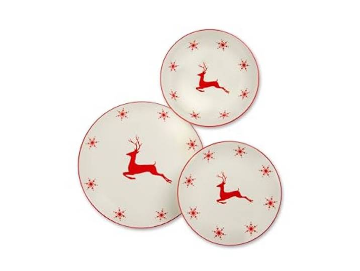 Excelsa Nordic Christmas Porzellanteller-Set mit Weihnachtsmotiv, 18-teilig, Rentier und rote Schneeflocken, spülmaschinenfest