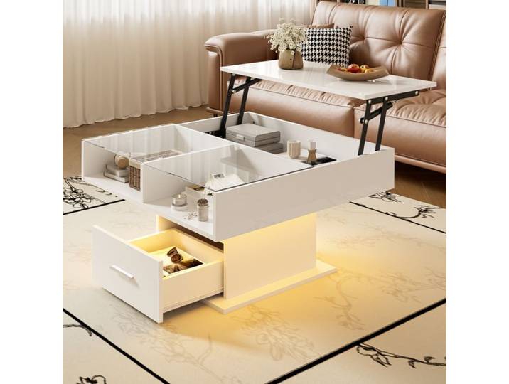 Table Basse Relevable et Extensible - Novélys - 78cm - avec LED & Rangement - Table de Salon Transformable -Blanc Brillant