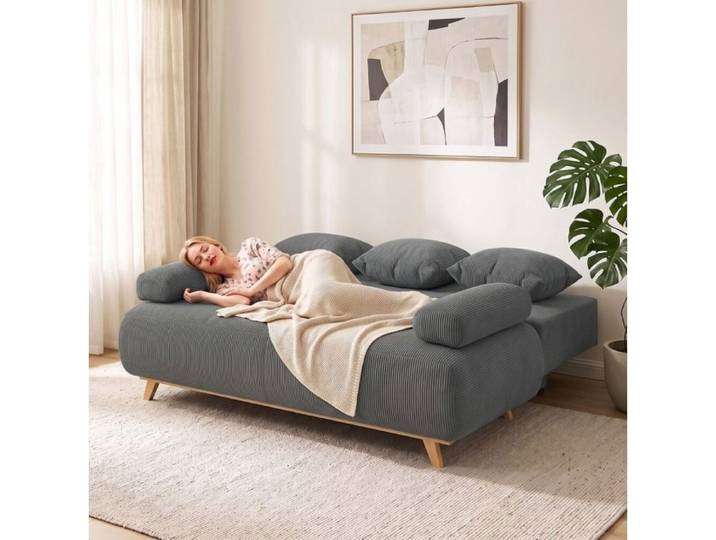WUVRIE Canapé convertible 3 places gris en cordon lit rangement intégré bois coussins inclus