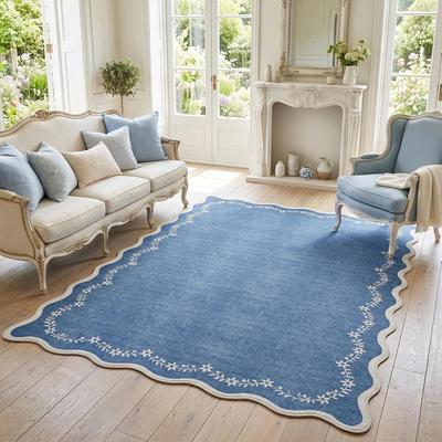 Garvee Scalloped Edge Floral Border Machine Washable Area Rug