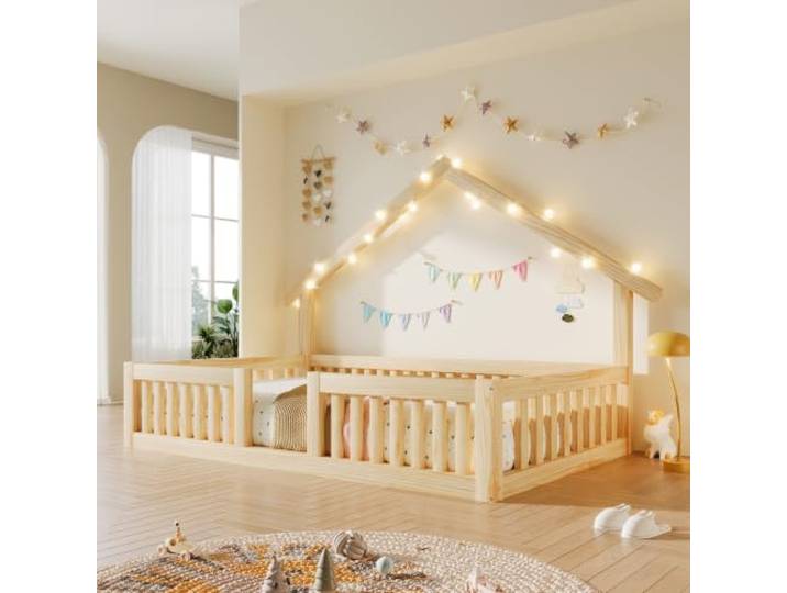 DRLXUN Holzbett Hausbett 90x200 mit LED-Licht & USB & Rausfallschutz, Natur Multifunktionales Kinderbett Hausbett 90x200 Einzelbett mit LED-Beleuchtung, USB-Anschluss und Rausfallschutz, Ohne Matratze