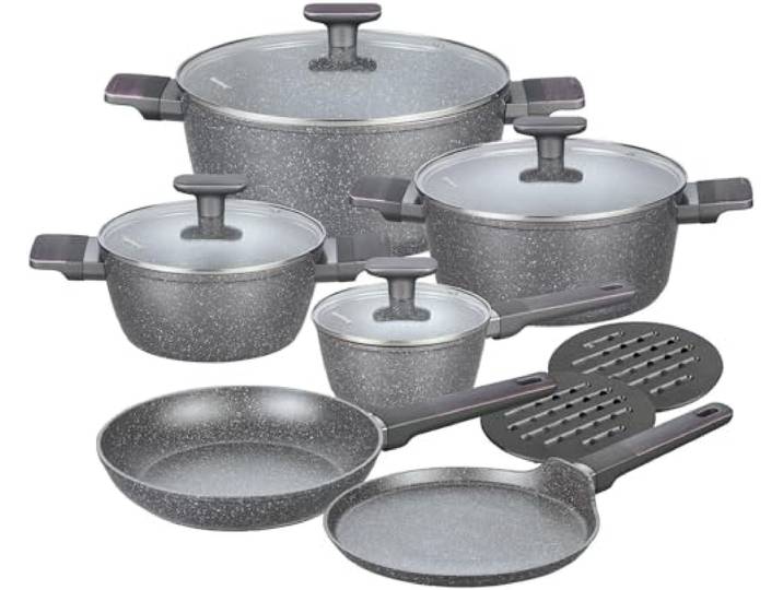 12-teilige Topfset, Kochtopf Set, Töpfe, Kochgeschirr Set mit marmorierter Antihaftbeschichtung KLAUSBERG (Grau)