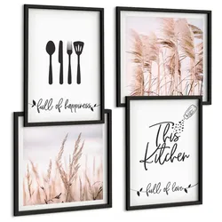 BILDER SET 4er Set - 50x50 cm & 40x60 cm Schwarzer Rahmen - Boho-Küchengras-Schriftzug