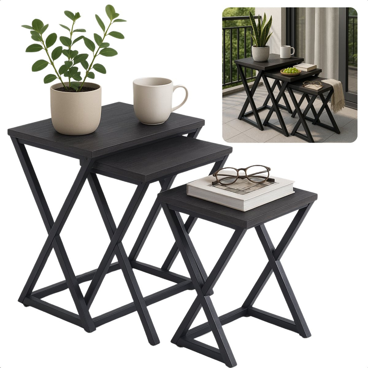 Cheqo Moderne Bijzettafels Set van 3 stuks - Zwart Metaal & MDF