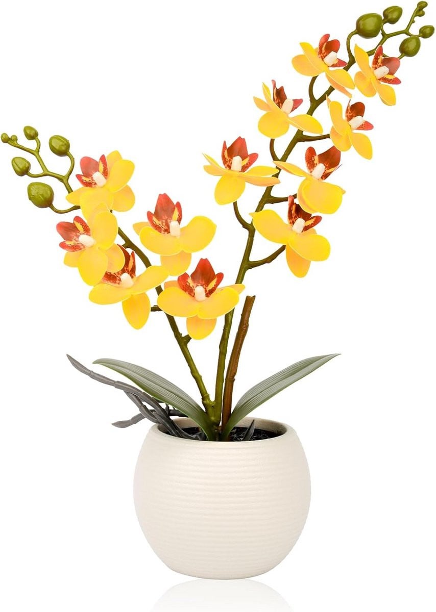 Realistische kunstmatige gele orchidee in witte pot - Zijde Phalaenopsis decoratie voor thuis en kantoor
