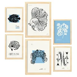POSTER Set Mit 6 In Schwarzer Tinte Fische Kunstdrucke Von Meer Und Ozean Für Innenarchitektur A3 & A4 Rahmen Aus Hellem Holz