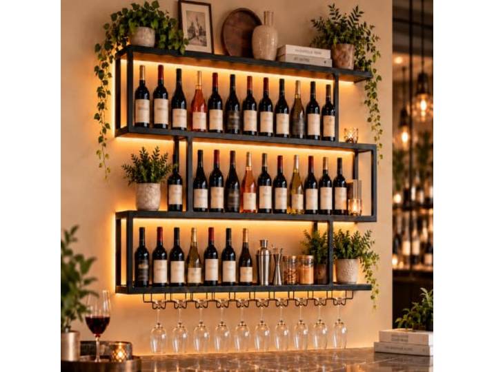 AUSKLEZU Wand-Weinregal aus Metall mit Glashalter – wandmontiert, modernes Design, platzsparend für Bar, Wohnzimmer & Restaurant (Schwarz, 120CM)