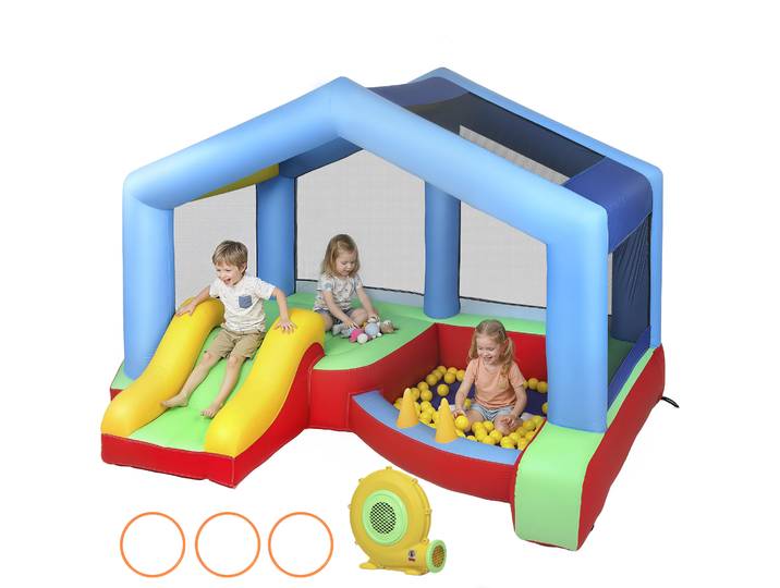 Château gonflable Aiyaplay pour enfants avec souffleur, toboggan, trampoline, piscine à balles, jeu de basket et auvent