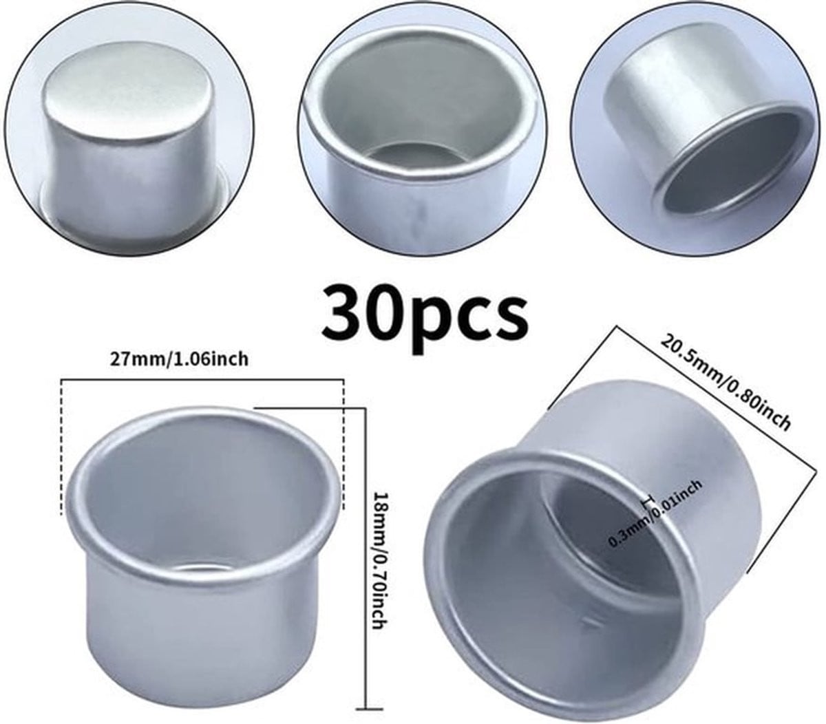 Set van 30 zilveren aluminium mini kaarsenhouders voor piramidekaarsen