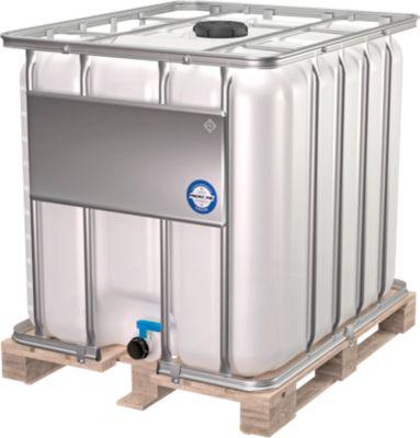 IBC Container, 1000 Liter, HDPE, stapelbar, Auslaufventil, auf Holzpalette, B 1200 x T 800 x H 1163 mm, natur