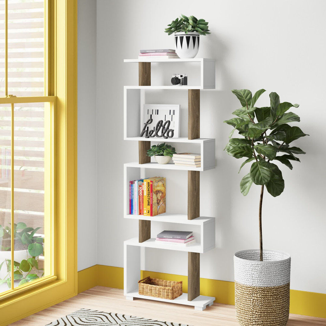 Zipcode Design Modern Bookshelf with Numerous Shelves, 60 x 165 x 20 cm, 100% Melamine Coated Particle Board, Wall-Mountable Design, For Storage & Organization in An White/Walnut 165.3cm H X 60cm W X 19.5cm D