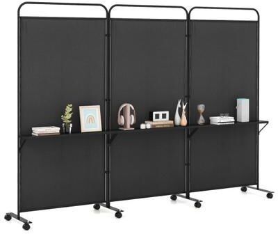 Costway 3-Panel Folding Room Divider with 3 Metal Shelves and Lockable Wheels-Black