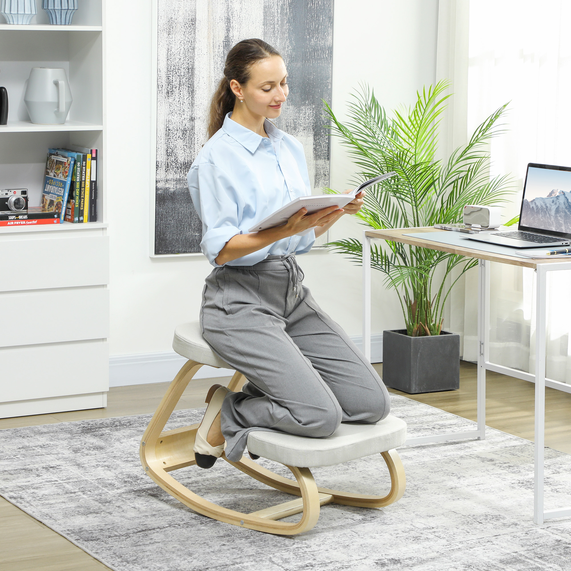 Homcom Sedia a ginocchio, ergonomica oscillante in legno, Crema   Aosom Italy