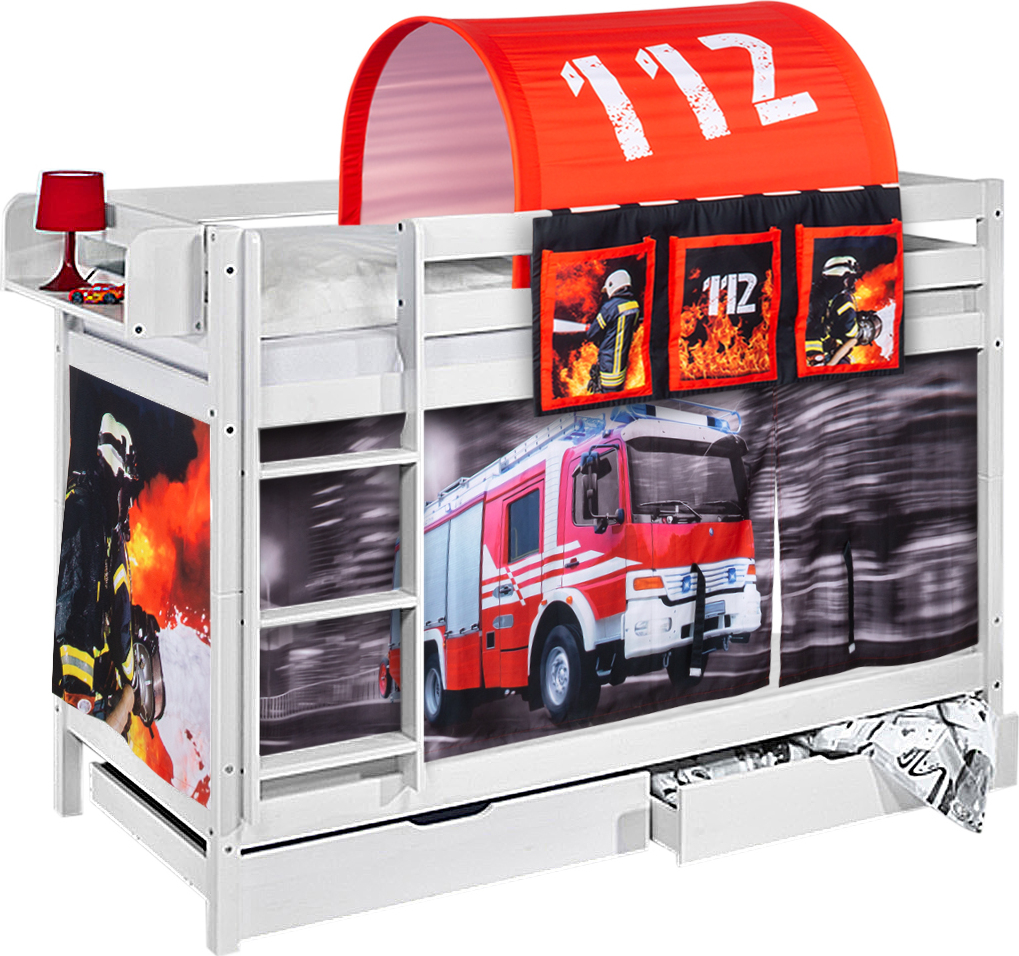 Etagenbett JELLE 90 x 200 cm Feuerwehr - Hochbett LILOKIDS - Weiß - mit Vorhang und Lattenroste
