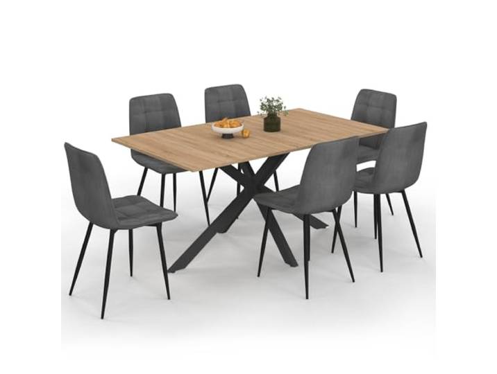 IDMarket - Set rechteckiger Esstisch ALIX 160 cm aus Holz und Schwarz und 6 Stühle Mila aus dunkelgrauem Samt