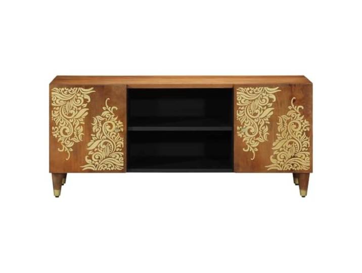 KTHLBRH TV-Schrank mit Regal, braun, 105 x 33 x 46 cm Massives Mangoholz, Messingknöpfe, 2 Türen, Goldprägung, Wohnzimmer