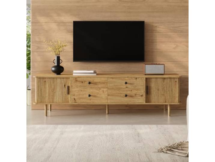 DUlVBPE TV-Lowboard 165 cm, MDF TV-Schrank mit 4 Schubladen und 2 Schiebetüren, großer Stauraum, runde Ecken