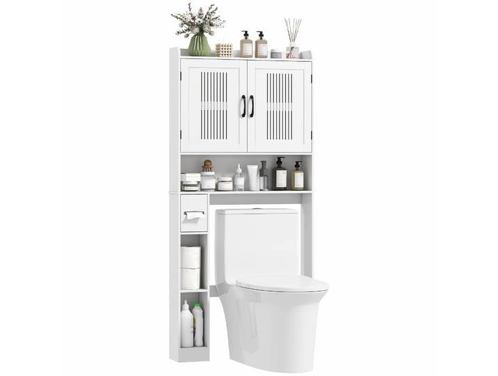 HOMCOM Estantería sobre Inodoro con Estante Ajustable 2 Puertas Soporte para Papel Higiénico y Estantes Abiertos para Baño Blanco