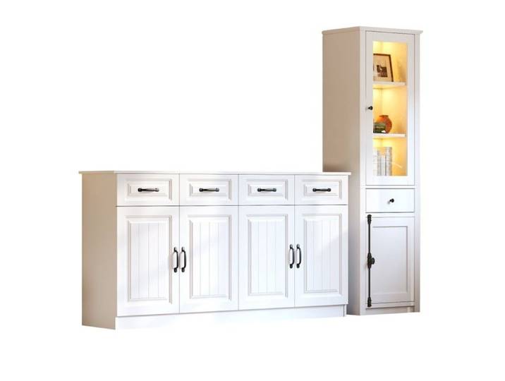 Ensemble 2 pièces meuble vitrine rangement salon MDF blanc bahut 160x35x80cm meuble d'appoint déco contemporain multifonction
