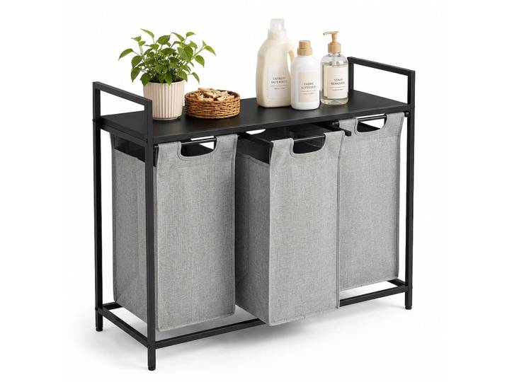 Relaxdays Wäschesortierer Schwarz Grau 3-Fächer mit Ablage, Textil, Metall, Holzwerkstoff, 92.5x73x33 cm, Haushalt & Reinigung, Wäschepflege, Wäschekörbe & Tonnen