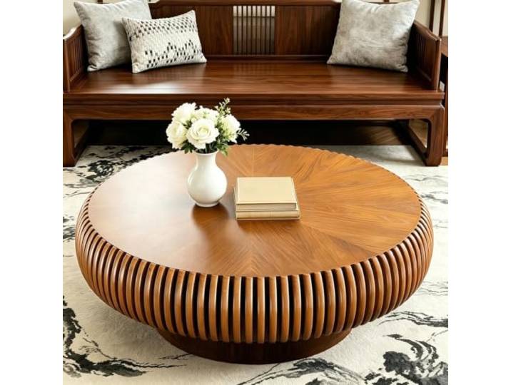 WUPDPQS 39 Runder Trommel Holz Geriffelter Couchtisch für Wohnzimmer, Holzfurnier Tischplatte & Basis, Handgefertigt Massivholzrillen, Modern Runde Kaffeetisch Für kleine Räume