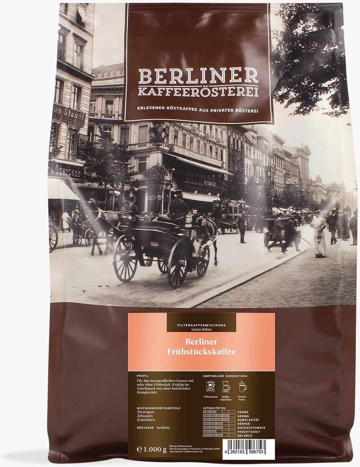 Berliner Kaffeerösterei Berliner Frühstückskaffee 1 kg   Ganze Bohne   Nicaragua, Äthiopië, Colombia   Medium Roast Arabica Premium Mischung