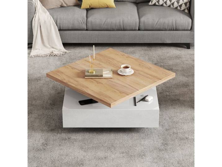 Table Basse Salon - Plateau Rotatif 360° - 1 Tiroir - 70x70x36cm - Design Moderne - Blanc et bois